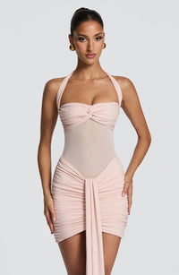 Lace-up Mesh Halterneck Patchwork Ribbon Sheath Dress