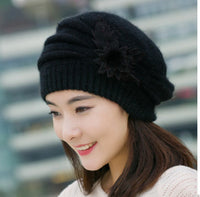 Women's Korean Style Flower Rabbit Fur Hat Thickened Warm Knitted