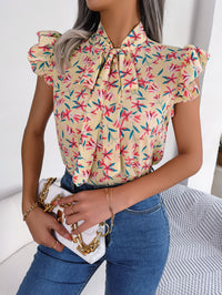 Women's Casual Floral Print Ruffle Trim Tie Bow Chiffon Blouse