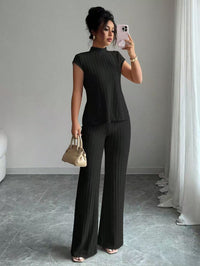 Solid-color Short-sleeve Top And Ribbed Casual Pants Set
