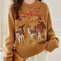 Loose Fit Short Sleeve Sweater Embroidered Deer Plum
