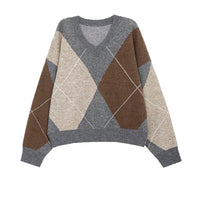 Retro Hit Color Diamond Lattice V-neck Sweater Women's Korean Style Idle Style
