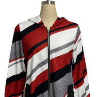 European And American Loose Striped Hooded Zip Long Sleeve Coat