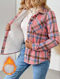 Woolen Woven Plaid Button Shirt Collar Jacket Top