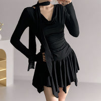 French-style Off-shoulder Pleated Halter-neck Long-sleeve Dress