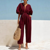 Fashionable V-Neck Solid Color Cotton-Linen Jumpsuit For Women