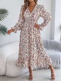 Women's Elegant Floral Print Cross V Neck Tie Waist Ruffle Maxi Dress