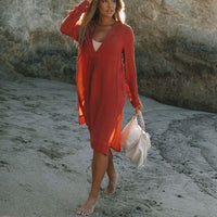 Influencer-style Long-sleeve Long Shirt Dress With Side Pockets