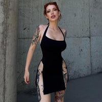 Solid-color Backless Hollow-out Halter Dress For Women