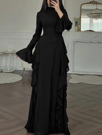 Elegant Casual High-Waisted Solid-Color Flare-Sleeve Dress