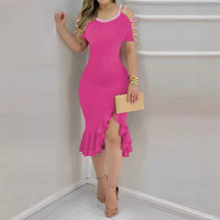 Womens Ruffled-Edge Slit Dress With Pearl Embellishments