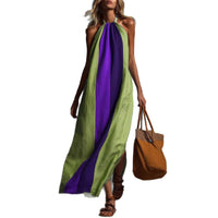 Neck-hanging Color-block Sleeveless Womens Long Dress