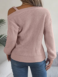 Casual Metal Button Color Block Off-Shoulder Lantern Sleeve Pullover Sweater