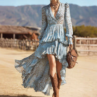 Womens Printed V-Neck Long-Sleeve Lace Maxi Dress