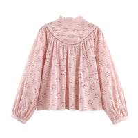 Women's Fashionable Casual Loose Long-Sleeve Hollow-Out Embroidered Shirt