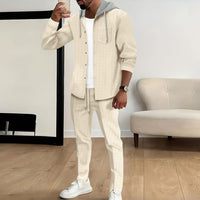 Men's Casual Hooded Color Block Long Sleeve Cardigan Jacket Trousers Suit