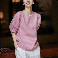Breathable Lantern-Sleeve Blouse French-Style Youthful Short-Sleeve Top