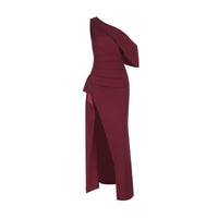 Slim-fit Long Dress With Spaghetti Straps One-shoulder Design Ruching And A Slit Featuring An A-line Skirt