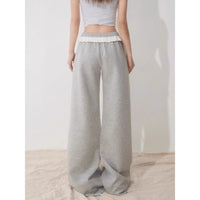 Womens High-waisted Straight-leg Pants With Lace Trim And Patchwork