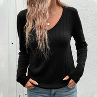 European And American Fall Women's Clothing Sunken Stripe V-neck Black Sweater For Women