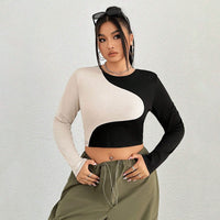 Slim Fit Midriff-baring Slimming Patchwork Round Neck Long Sleeve