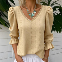 Spring Women's V Neck Hollowed Out Mid Sleeve Top For Women