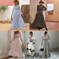 European And American-style Floral Print Long-sleeve Maxi Dress