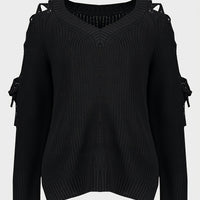 Hollow Knit Sweater Women Long Sleeve Tie Loose V-neck