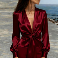 Elegant V-neck Satin Womens Blouse With Long Sleeves And A Tie Detail