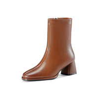 Vintage Square Toe Brown Chunky Heel Booties