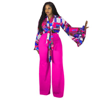Plus-size Printed Flared-sleeve Top And Wide-leg Pants Two-piece Set