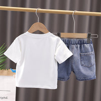 Dinosaur Round Neck Short Sleeve Cotton T-shirt Denim Shorts Suit