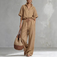 Womens Casual Loose Solid-Color Zip-Up Crew-Neck Wide-Leg Pants Set