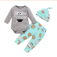 Grey Cartoon Print Long Sleeve Romper Hat Set