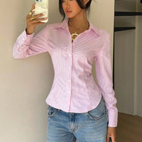 Elegant Striped Waist-tied Long-sleeve Shirt For Women