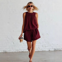 Womens Fashionable Retro Cotton-Linen Sleeveless Top And Wide-Leg Shorts Set