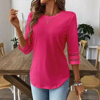 Womens Casual T-Shirt With A Crew Neck Patchwork Lace And Three-Quarter Sleeves