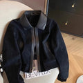 Black Patchwork Lapel Suede-Like Short Jacket