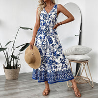 Retro Resort-style Long Dress V-neck Sleeveless One-piece Dress