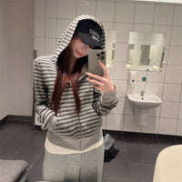 Gray Striped Hooded Sweater Women's Loose Casual