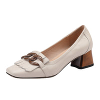 Fringed Chunky-heel Peep-toe Leather Shoes With A Chain Detail