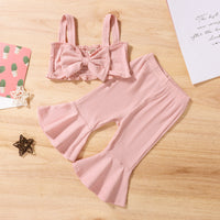 Children's Clothing Summer Girls' Sunken Stripe Cotton Bow Suspenders Short Shirt Bell-bottom Pants Suit