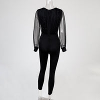 Zipper Solid Color V-neck Lace Long-sleeved Slim Black Wine Red Slimming Jumpsuit Women In Stock