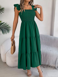 Women's Solid Color Square Neck Ruffle Trim Tie Waist A-Line Maxi Dress