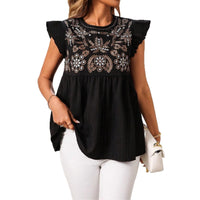 Ethnic Style Embroidered Straight Shoulder Flutter Sleeve Fashion Casual Short Shirt