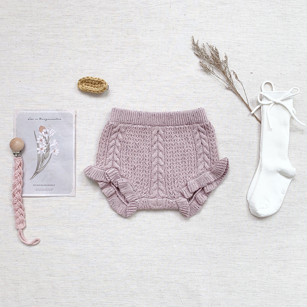 Baby Girl Twisted Knit Shorts Color Dot Cotton Lotus Leaf Butt Pants