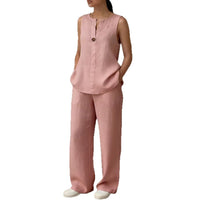 Women's V-Neck Sleeveless Knit Vest And Extended-Length Pants Set - Casual Cotton Blend Matching Outfit