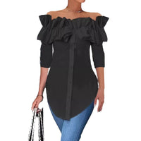Simple Solid-Color Off-the-Shoulder Ruffle-Trim Shirt Top