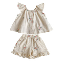 Baby's Embroidered Children's Flounced Sleeve Vest Shorts Two-piece Set