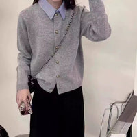 Temperament Commute Korean Style Shirt Collar Single-breasted Knitted Cardigan Sweater